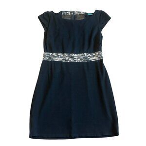 Alice + Olivia Black Sheath Dress Cap Sleeve Waist Band Stretch Size 4 Women's